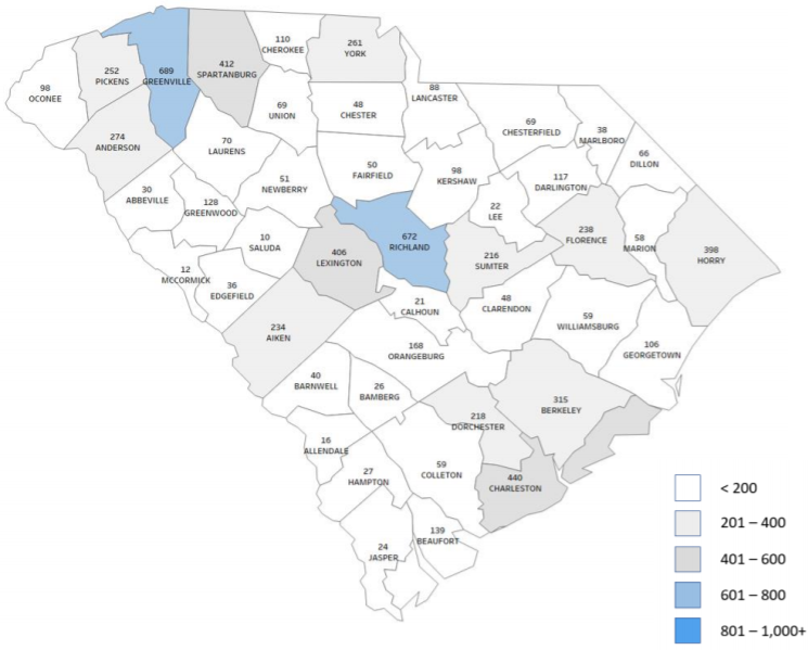 SC County Map Unemployment Insurance Claims Week ending 8/15/20