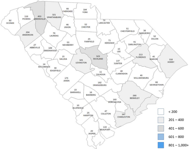 SC County Map Unemployment Insurance Claims Week ending 8/22/20