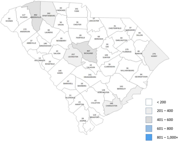 SC County Map Unemployment Insurance Claims Week ending 8/29/20