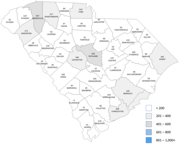 SC County Map Unemployment Insurance Claims Week ending 8/8/20