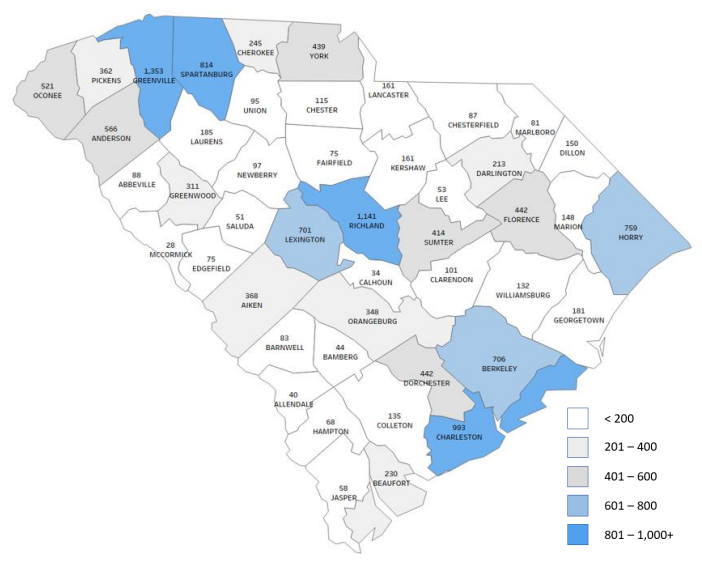 SC County Map Unemployment Insurance Claims Week ending 7/18/20