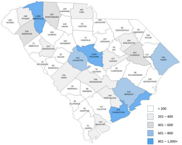 SC County Map Unemployment Insurance Claims Week ending 7/25/20