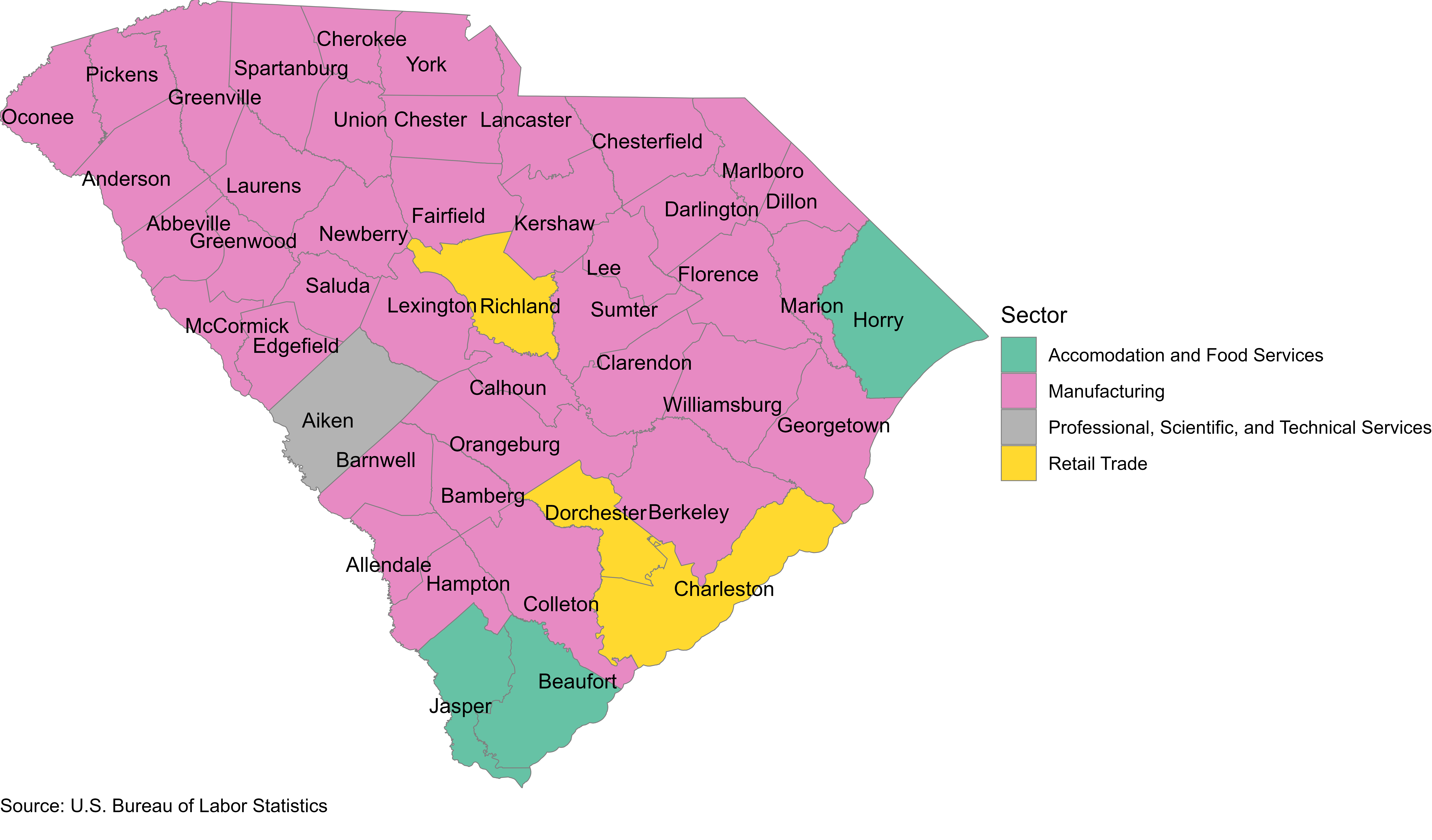 A picture of South Carolina from 1990, divided by counties and organized with four colors explaining the different sectors.